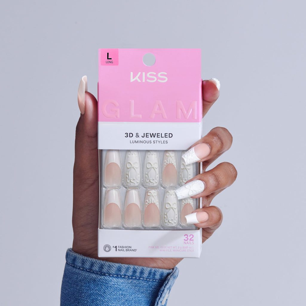 Kiss Glam 3D & Jewel Press On Fake Glue Nails  - Breath of Harmony | French, White, Long, Coffin official pack