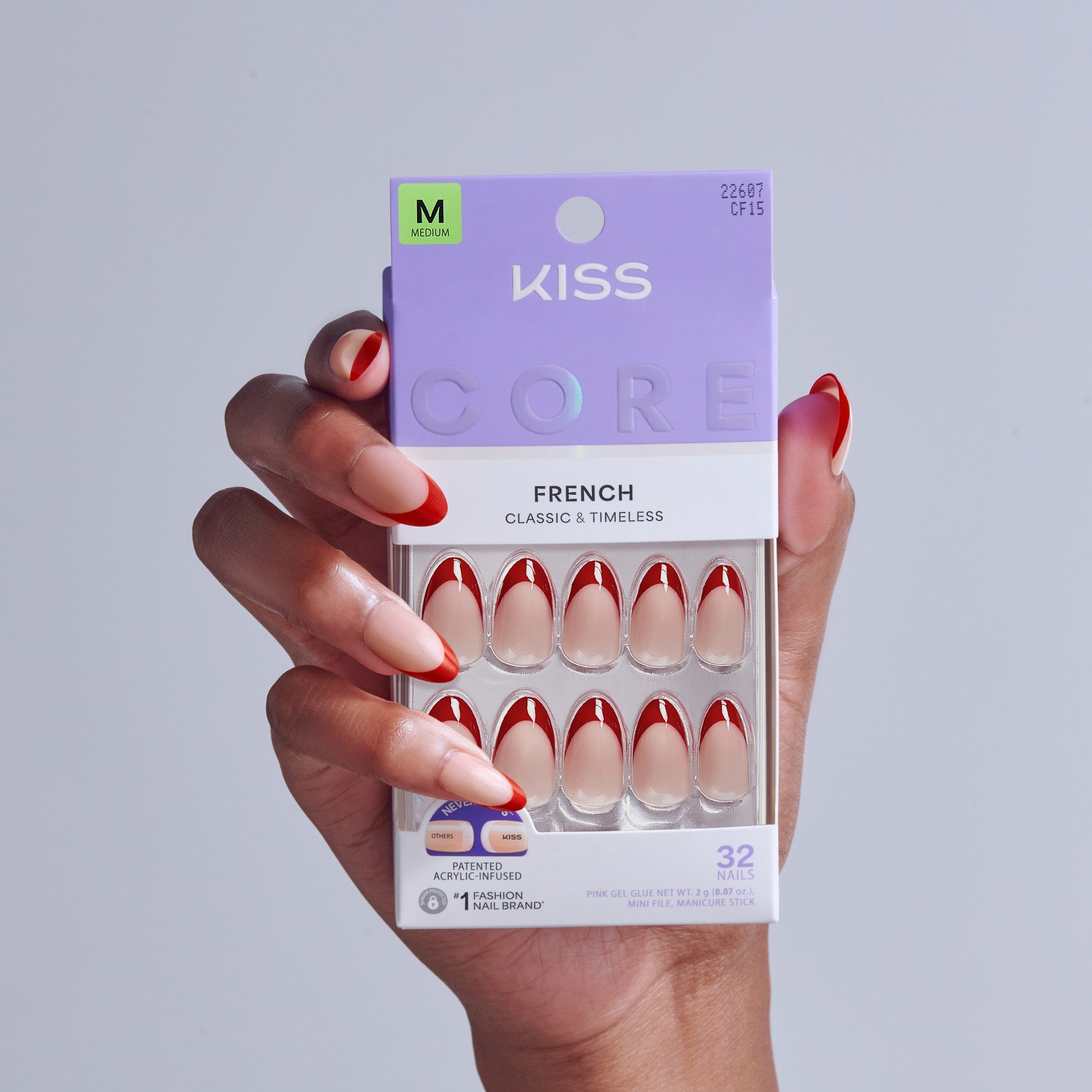 Kiss Core French Press On Fake Glue Nails - Optimistic | French Tips, Red, Medium, Almond official pack