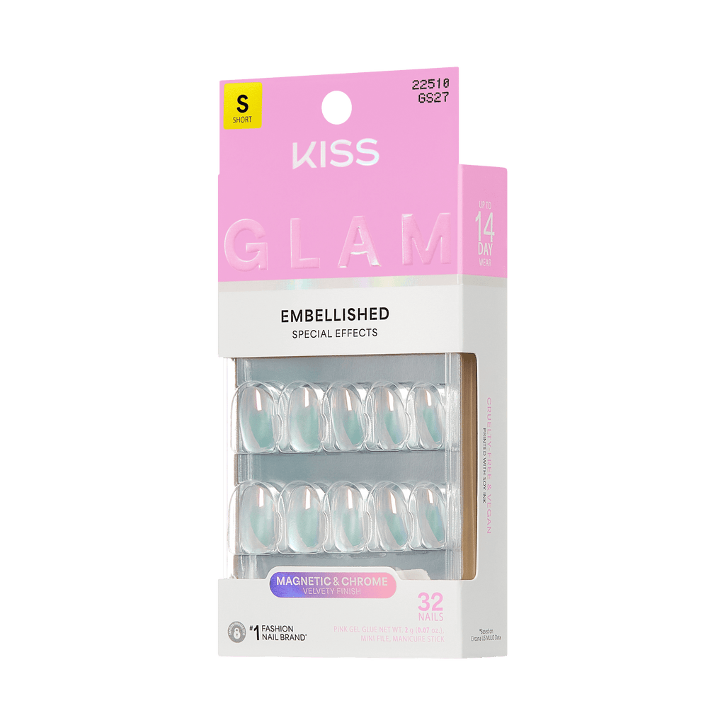 Kiss Glam Embellished Press On Fake Glue Nails - Celestique | Design, Blue, Short, Round official pack