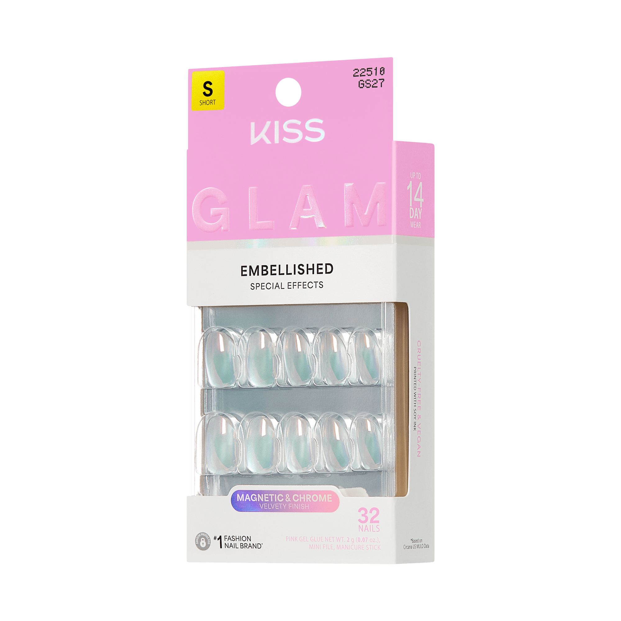 Kiss Glam Embellished Press On Fake Glue Nails - Celestique | Design, Blue, Short, Round official pack