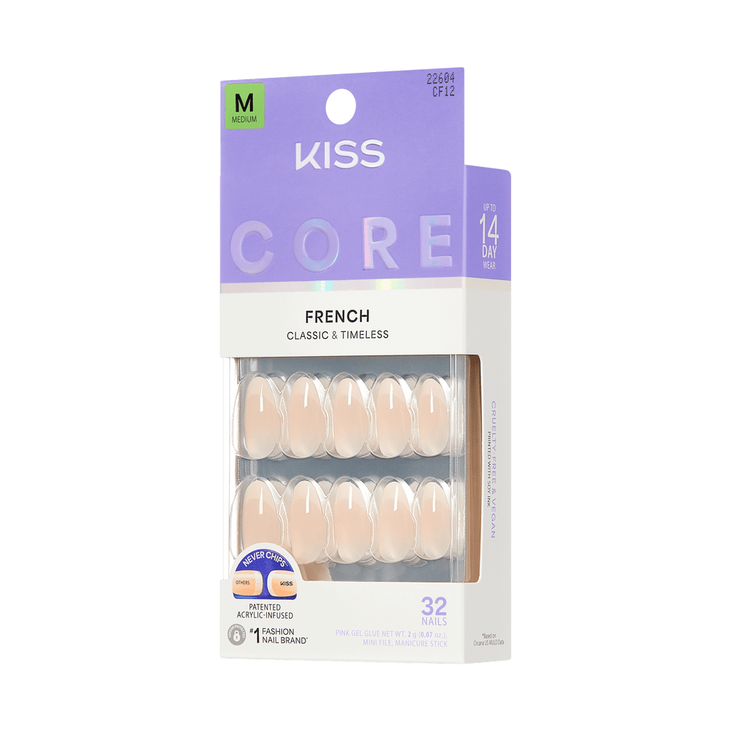 Kiss Core French Press On Fake Glue Nails - Burble | French Tips, White, Medium, Almond official pack