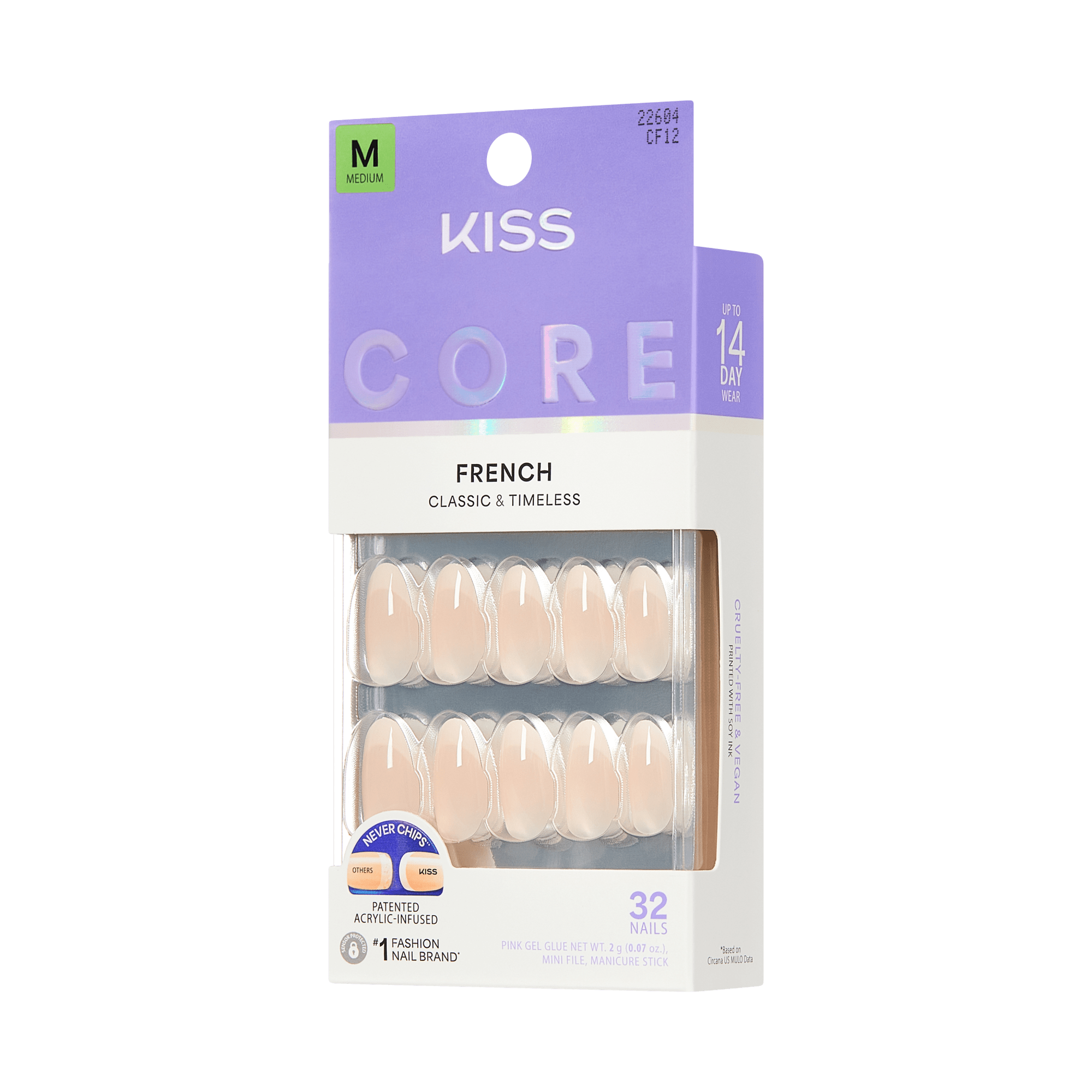 Kiss Core French Press On Fake Glue Nails - Burble | French Tips, White, Medium, Almond official pack