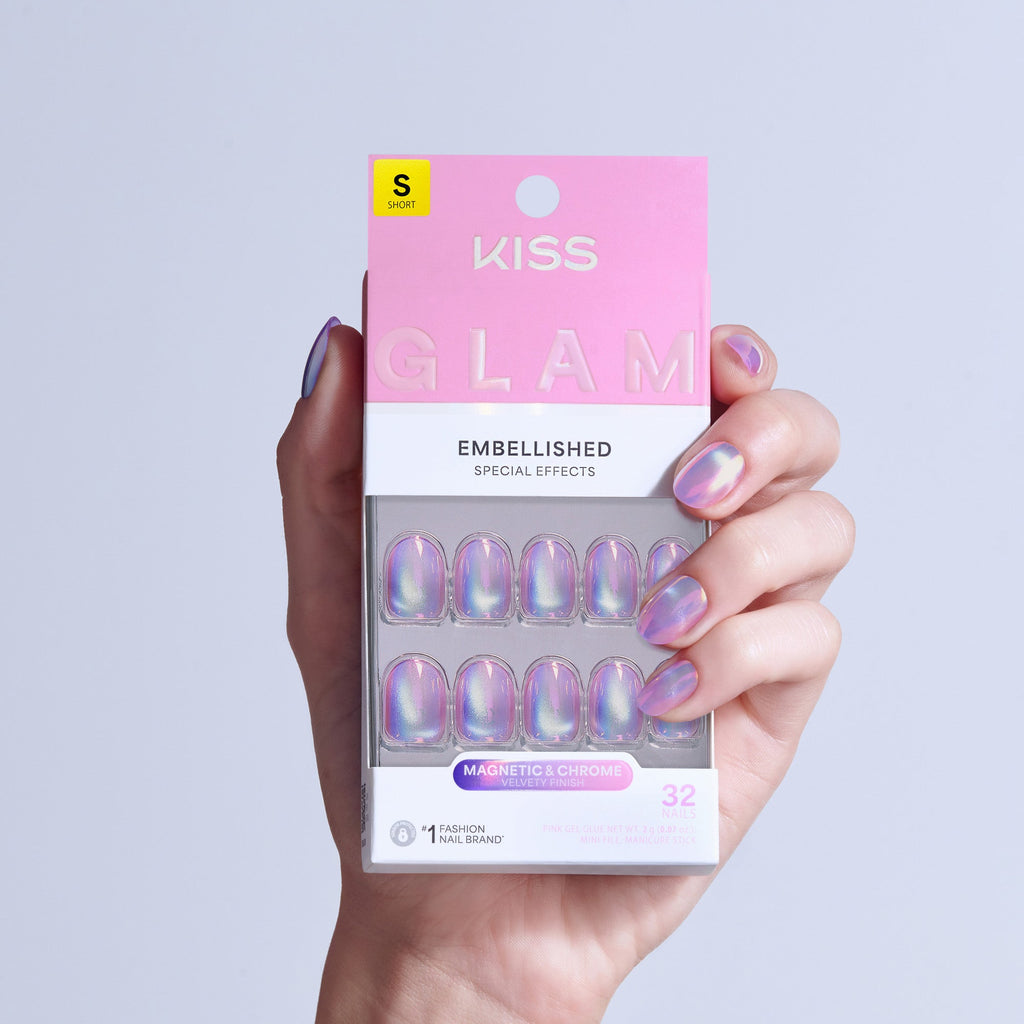 Kiss Glam Embellished Press On Fake Glue Nails - One n Only | Design, Pink & Purple, Short, Round official pack