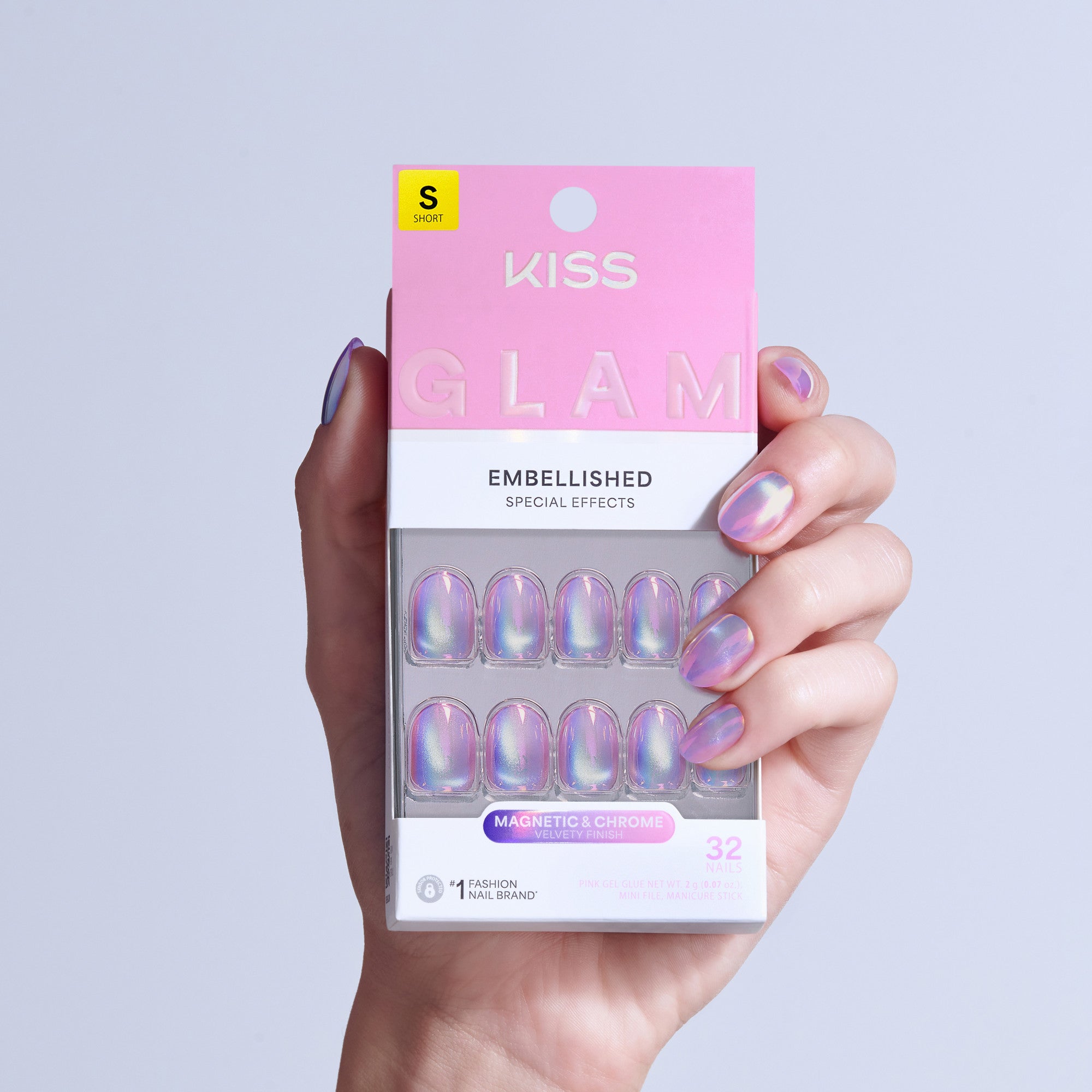 Kiss Glam Embellished Press On Fake Glue Nails - One n Only | Design, Pink & Purple, Short, Round official pack