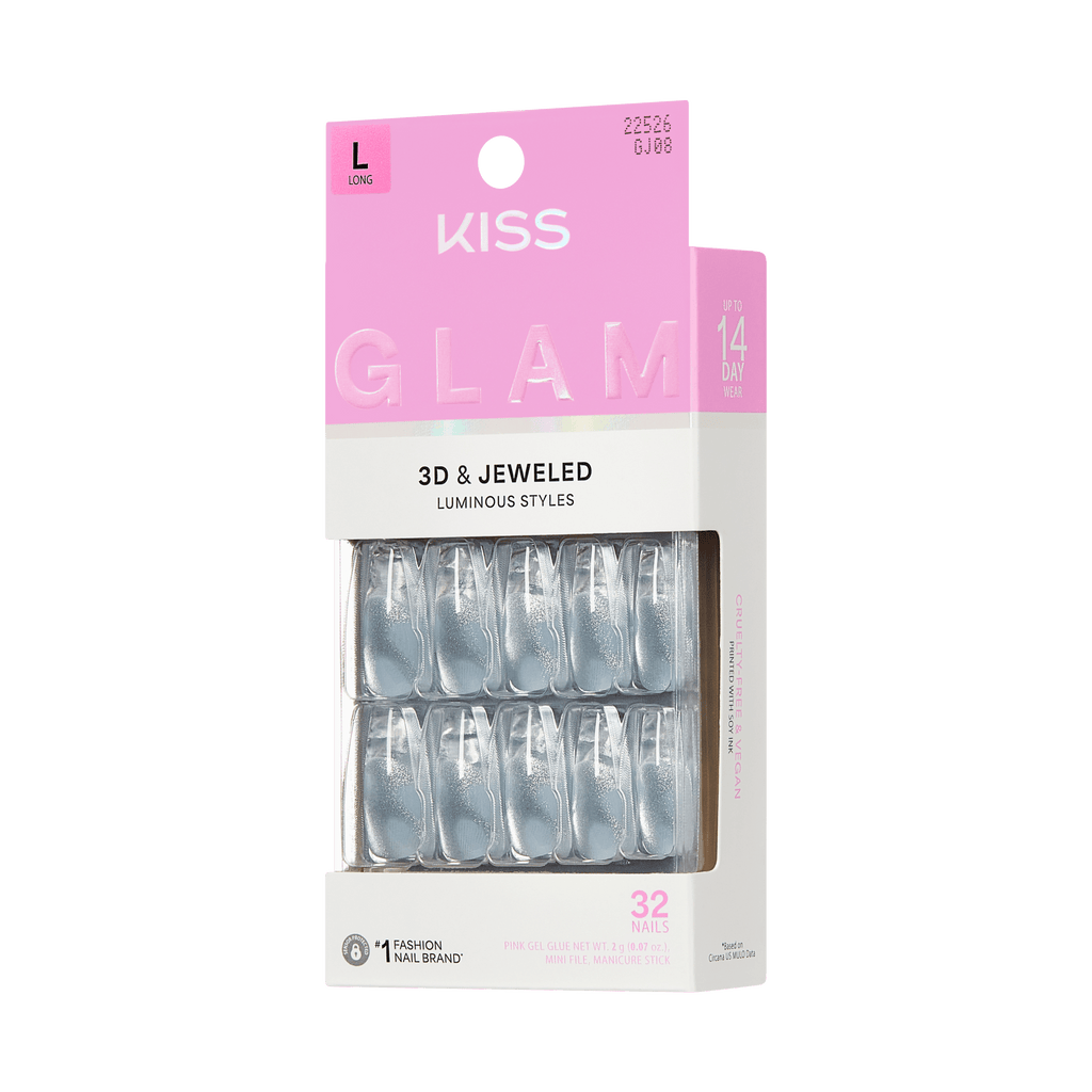 Kiss Glam 3D & Jewel Press On Fake Glue Nails  - Seraphic | Design, Blue & Clear, Long, Coffin official pack