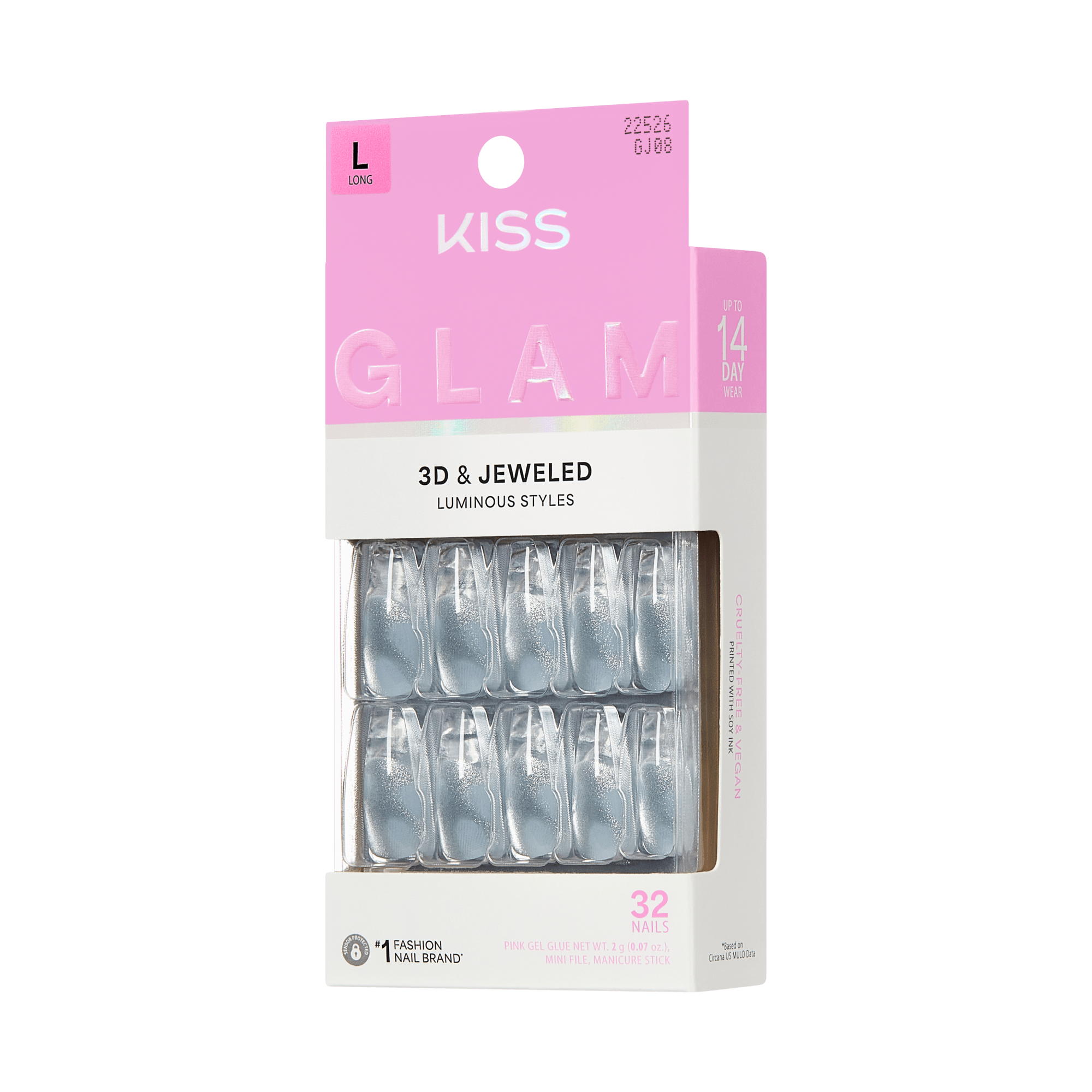Kiss Glam 3D & Jewel Press On Fake Glue Nails  - Seraphic | Design, Blue & Clear, Long, Coffin official pack