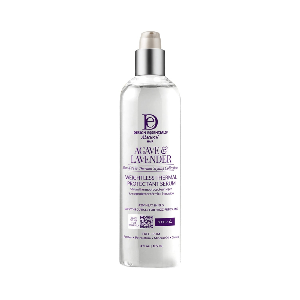 Design Essentials Agave & Lavender Weightless Thermal Protectant Serum 4.0 oz — official pack photo 44008 (AL-WTP-SERUM-4oz-FRONT-0124-WO_1500x1500_ec23b809-0ce5-41ce-a6c6-13022caee702.jpg) from designessentials.com