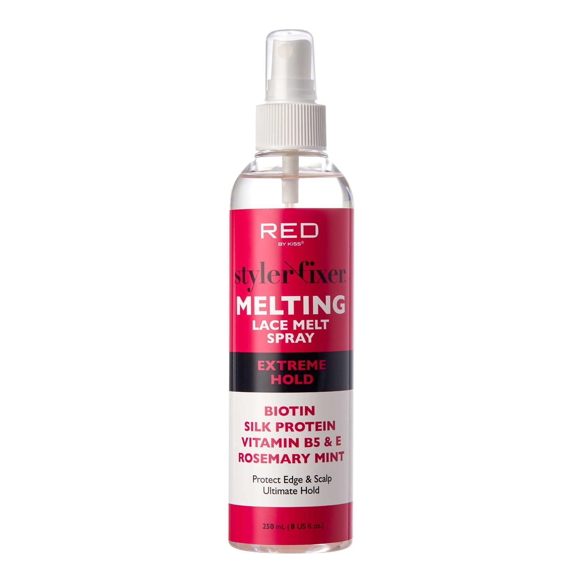 ALU08_main "A bottle of "Style Factor Melting Lace Melt Spray." The bottle is cylindrical and transparent, allowing the clear liquid inside to be visible. It has a white spray nozzle at the top. The label on the bottle is predominantly red with white and black text. The text on the label includes the product name "Melting Lace Melt Spray" and mentions "Extreme Hold." There is also a detailed description of the product's usage and benefits written in smaller text on the label."