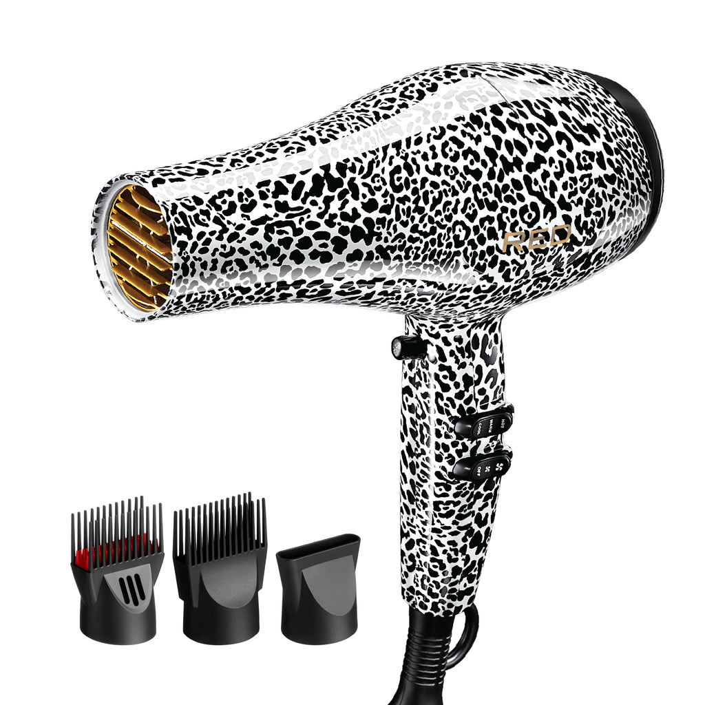RED by KISS 3200 Detangler Hair Dryer 3 Styling Attachments - Leopard official pack