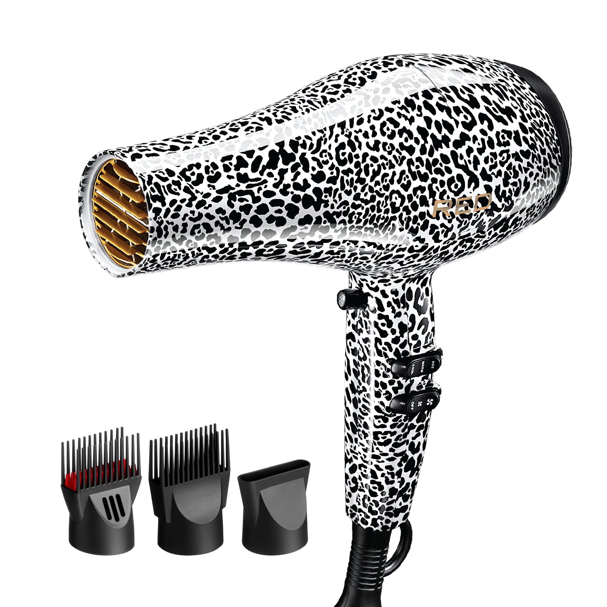 RED by KISS 3200 Detangler Hair Dryer 3 Styling Attachments - Leopard official pack