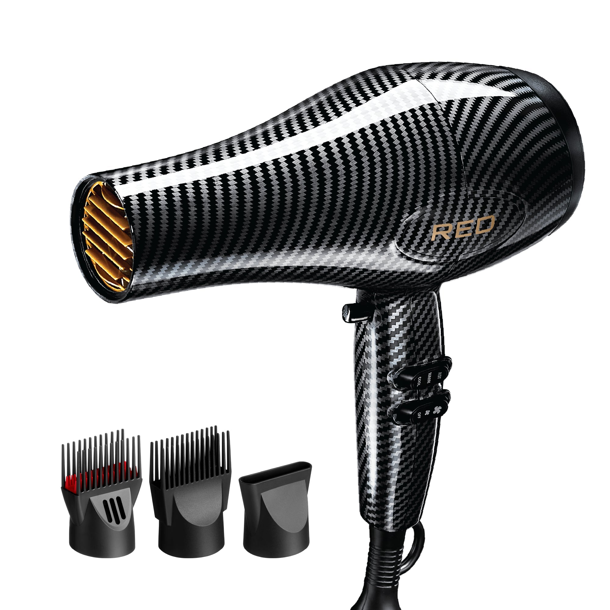 RED by KISS 3200 Detangler Hair Dryer 3 Styling Attachments - Carbon Fiber official pack