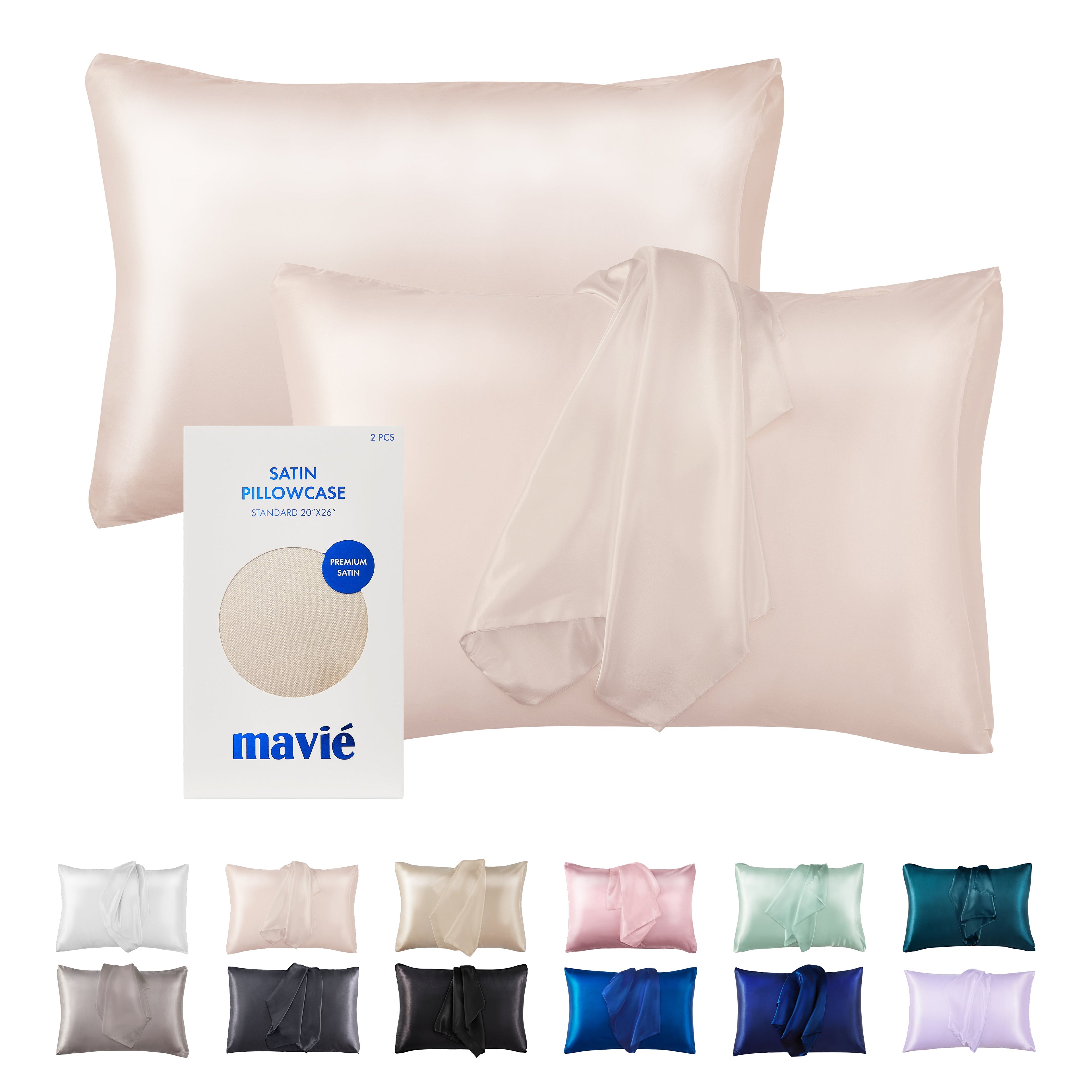 MAVIE Satin Pillowcase Set of 2 – Standard Size 20” x 26” official pack