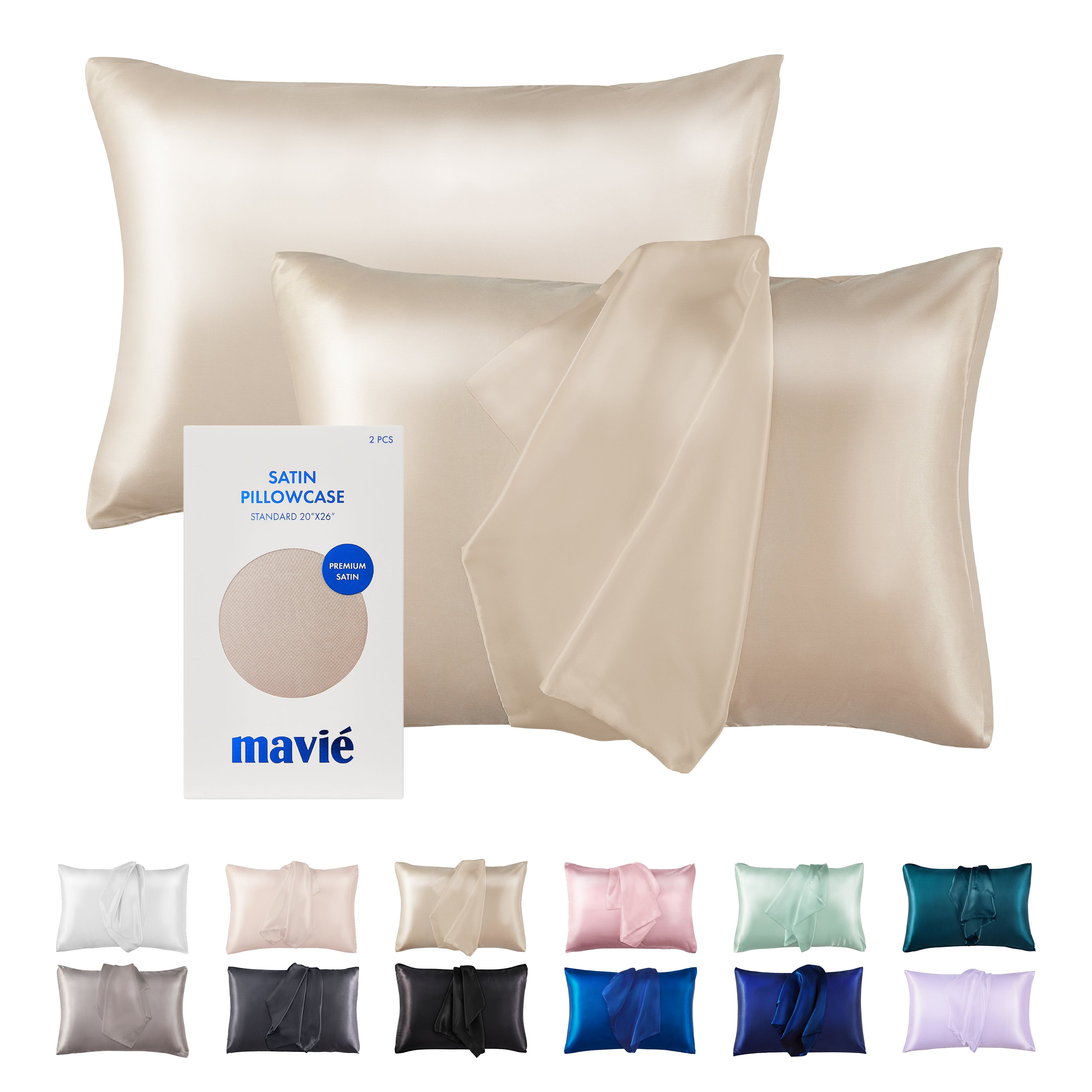 MAVIE Satin Pillowcase Set of 2 – Standard Size 20” x 26” official pack