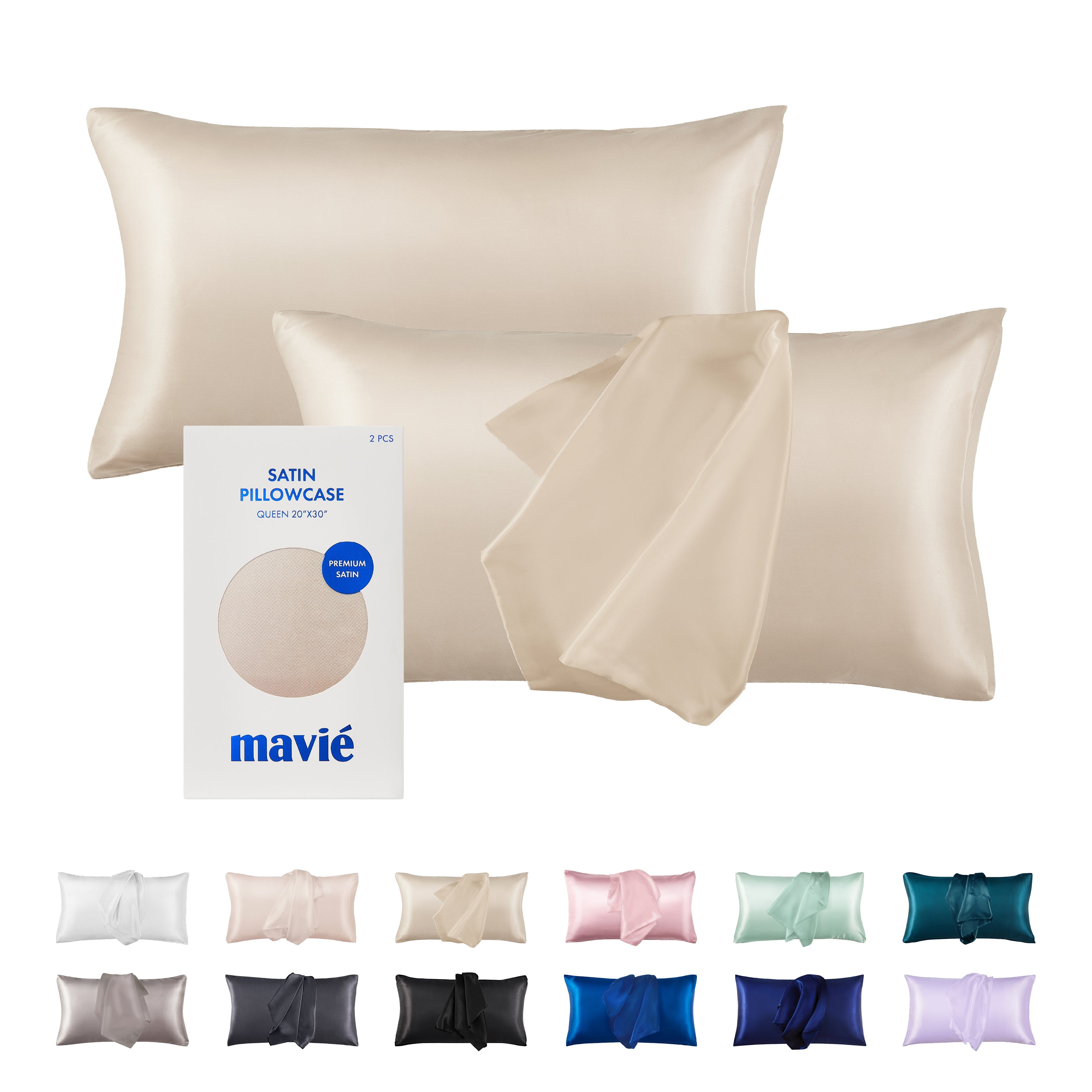 MAVIE Satin Pillowcase Set of 2 – Queen Size 20" x 30" official pack