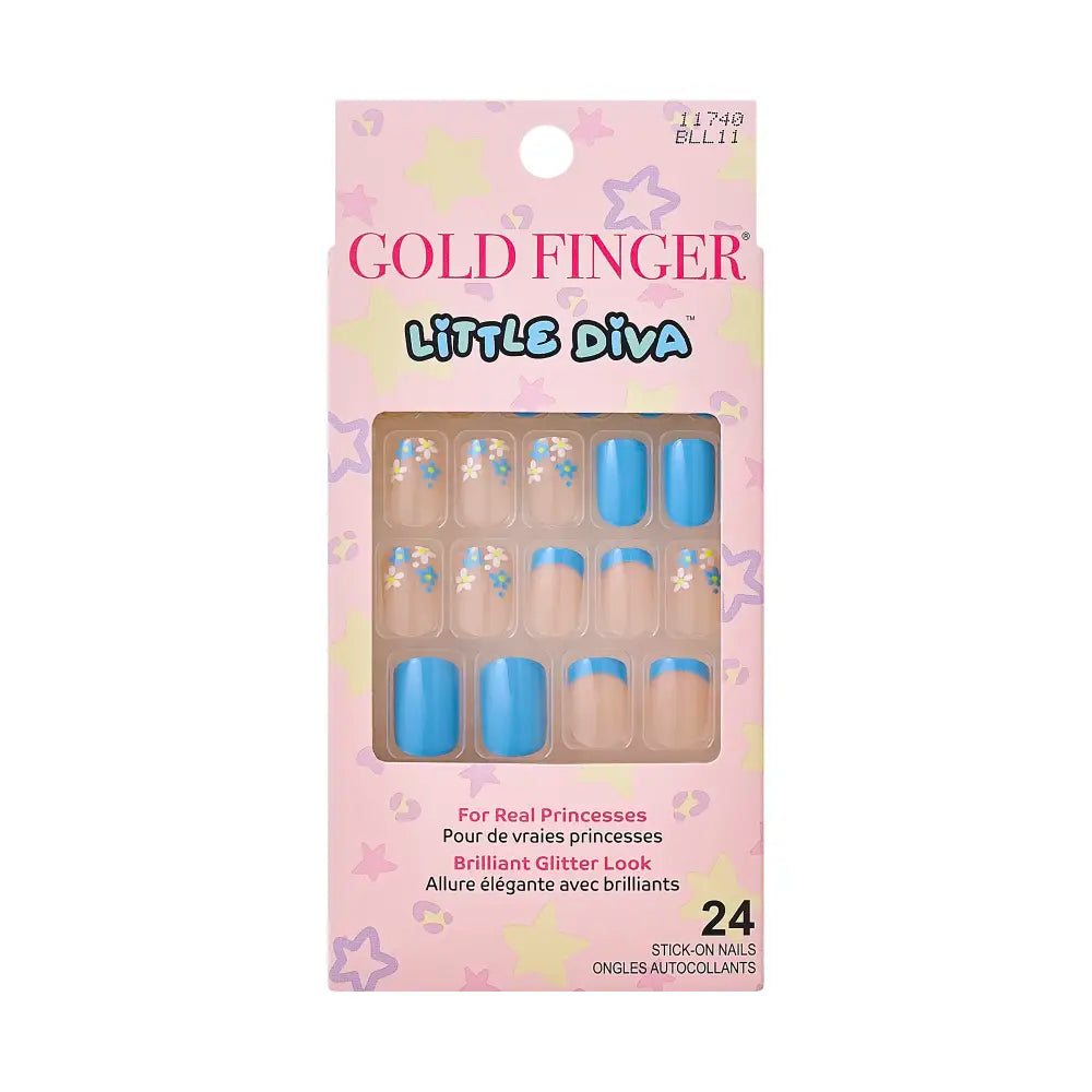 BLL11_main "Gold Finger Little Diva Stick-On Nails for Girls - Safe Press-On Nail Art for Kids - Blue Daisy in Blue Daisy, main product view."