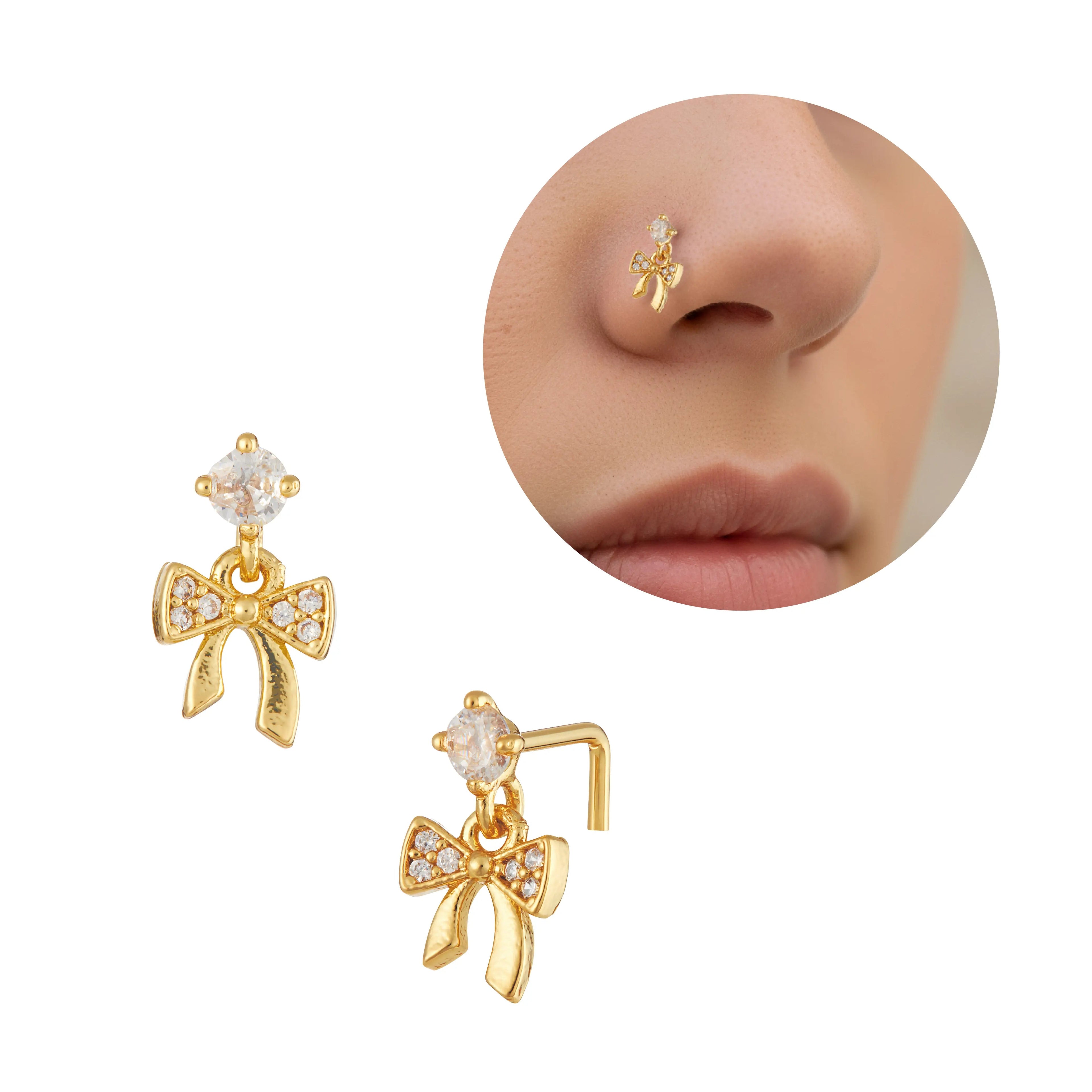 Arria 14K Gold Plated Bow Nose Stud – Cubic Zirconia Detailing - GOLD NOSE LPIN DANGLE BOW official pack