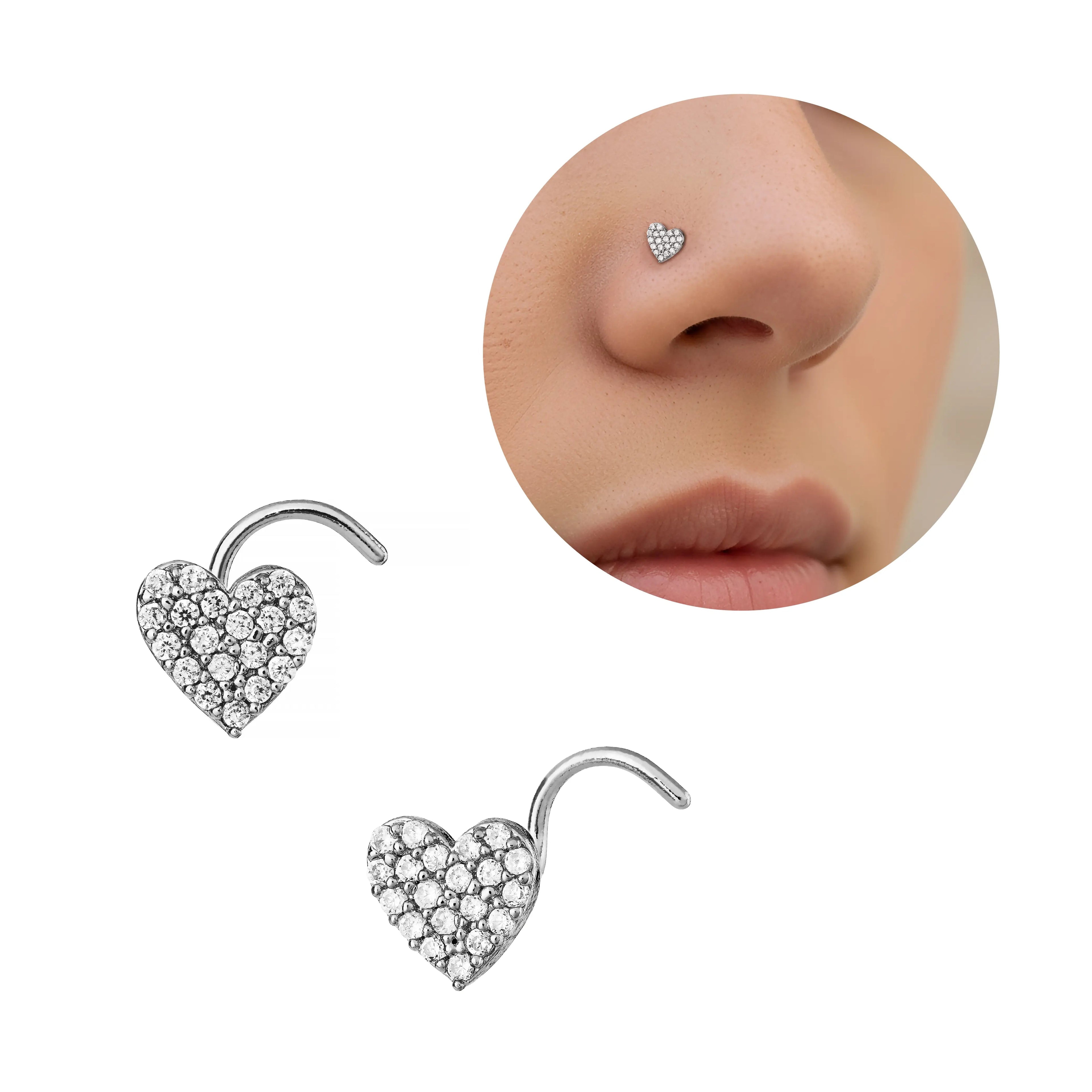Arria White Gold Tone CZ Heart Nose Screw Hypoallergenic, Secure Twisted Fit - W.G NOSE SCREW HEART official pack