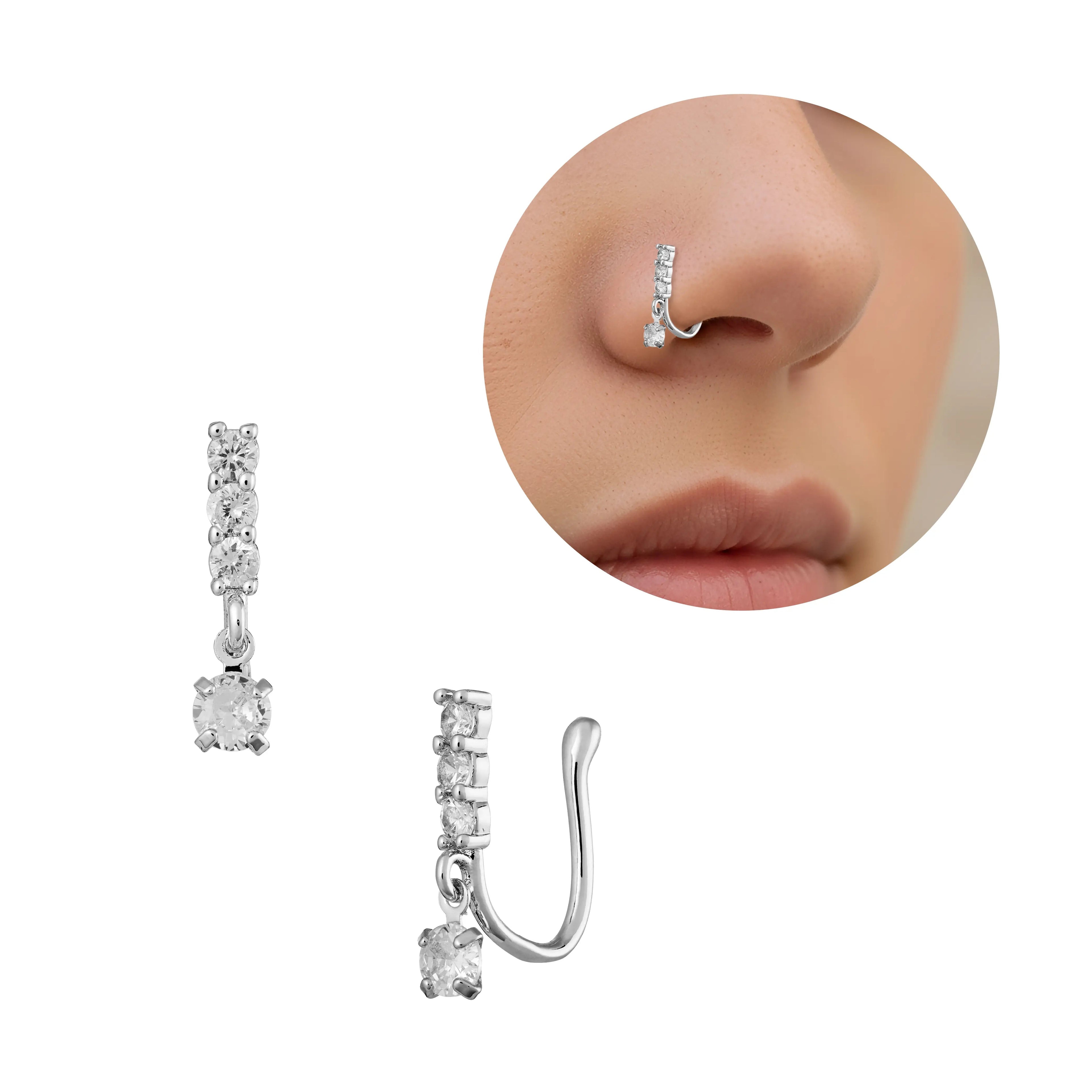 Arria White Gold CZ Adjustable Nose Cuff Non-Pierced, Hypoallergenic - W.G NOSE CUFF CUBIC BAR official pack