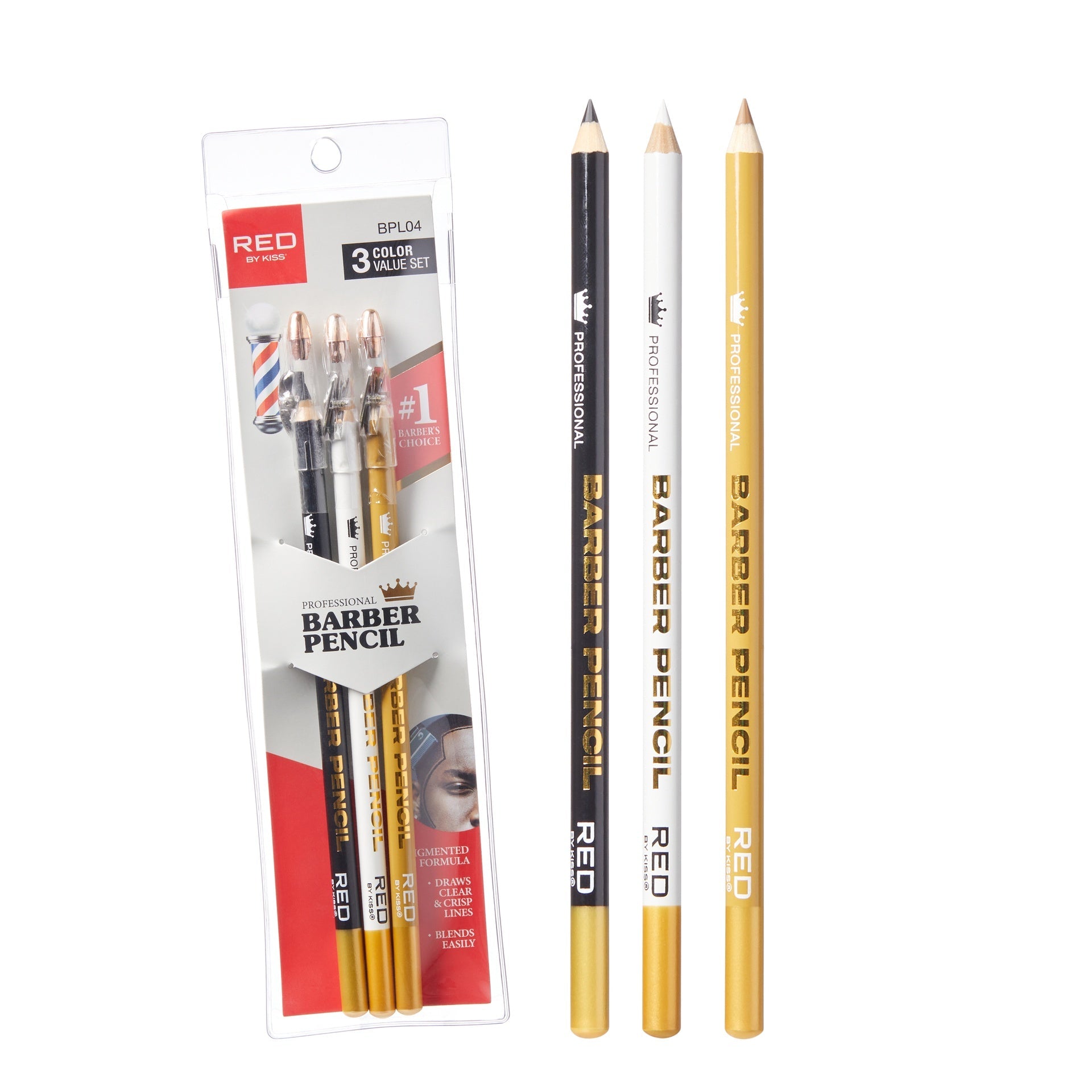 BPL04_main "A packaged set of three barber pencils. The packaging is primarily red and white, with a transparent section that reveals the pencils inside. The set includes three different colors: red, black, and white. The text on the packaging indicates that these are "Professional Barber Pencils" and highlights that they are suitable for use in barbering."