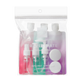 BT02_main "A clear plastic ziplock bag containing a set of travel-sized toiletry bottles and containers. The set includes various types of bottles, such as spray bottles, pump bottles, and squeeze bottles, as well as small round containers. The bottles an