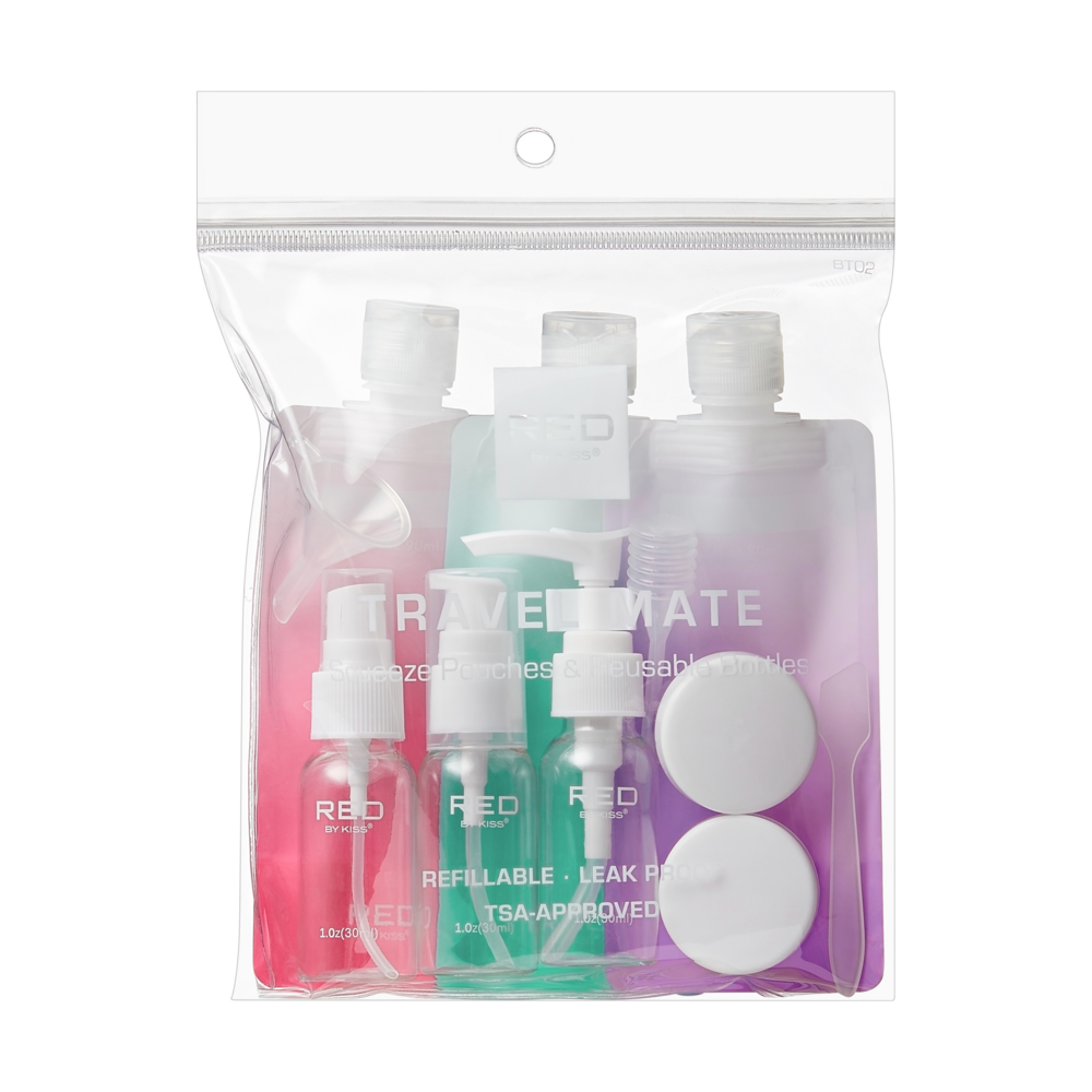 BT02_main "A clear plastic ziplock bag containing a set of travel-sized toiletry bottles and containers. The set includes various types of bottles, such as spray bottles, pump bottles, and squeeze bottles, as well as small round containers. The bottles an