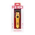 CC10_main "A product packaging for a cordless mini clipper branded as "RED" by KISS. The clipper is prominently displayed in a sleek design with a shiny gold finish. The packaging includes a clear window showcasing the clipper, along with a red and white 