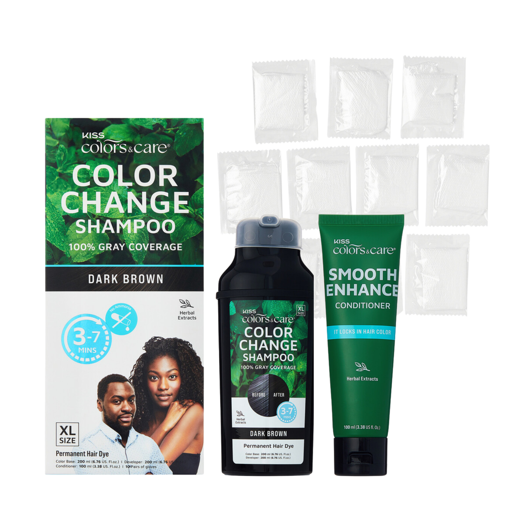 KISS Colors & Care Natural Herbal Color Change Shampoo (XL Bottle) - Permanent Hair Dye & 100% Gray Coverage in Minutes, Ammonia-Free Plant-Based Formula (Natural Black / Dark Brown) official pack