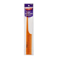 CMB38_main "A packaged hair comb. The comb is labeled as a "Bone Rat Tail Comb" from the brand "Red by Kiss." The packaging is primarily blue and white, with the comb itself being orange. The text on the packaging indicates that the comb is "Great for sty
