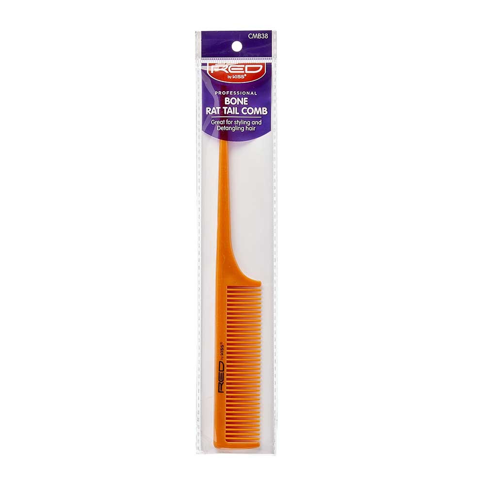 CMB38_main "A packaged hair comb. The comb is labeled as a "Bone Rat Tail Comb" from the brand "Red by Kiss." The packaging is primarily blue and white, with the comb itself being orange. The text on the packaging indicates that the comb is "Great for sty