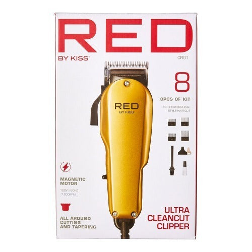 CR01_main "A gold-colored electric hair clipper with the brand name "RED BY KISS" printed on it. The clipper has a sleek, ergonomic design with a black power cord extending from the bottom. The cutting blades are visible at the top, and there is a black lever on the side for adjusting the blade length. The overall appearance is modern and professional, suitable for personal grooming or barber use."