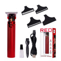 CT12_main "A product packaging for a cordless trimmer branded as "RED by KISS." The trimmer is highlighted for its precision blade and comes in a striking red color. The packaging indicates that it has USB quick charging capabilities, a stylish design, an
