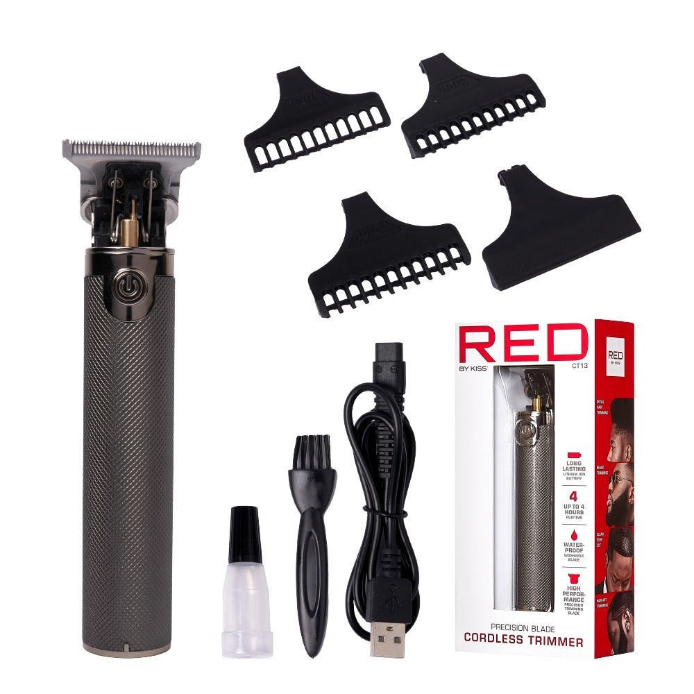 CT13_main "A product packaging for a cordless trimmer branded as "RED by KISS." The trimmer is displayed prominently, showcasing its sleek design and precision blade. The packaging includes a USB-C charging feature and a stylish indicator light. It highli
