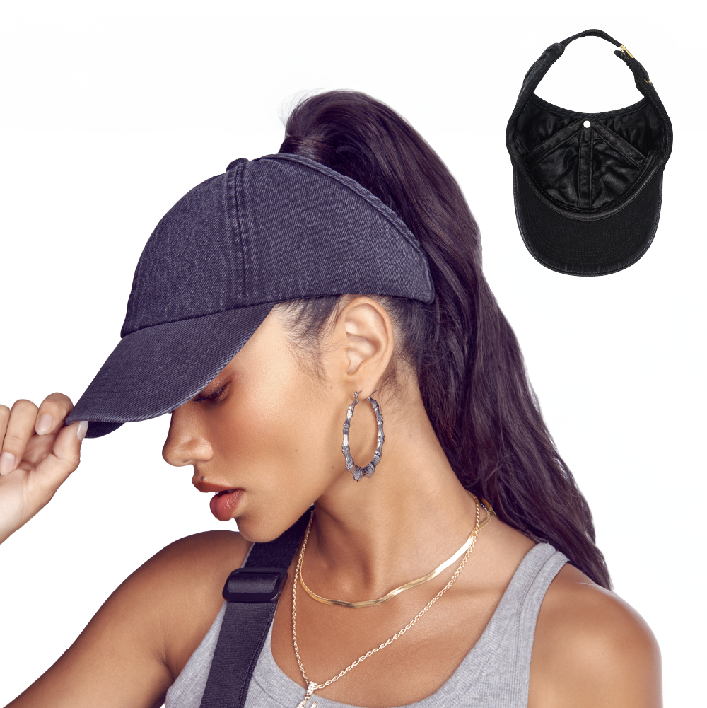 FH063_main "A black denim baseball cap. The cap has a classic six-panel design with a slightly curved brim. The fabric appears to have a textured denim look, giving it a casual and stylish appearance. The cap is structured, maintaining its shape, and has 