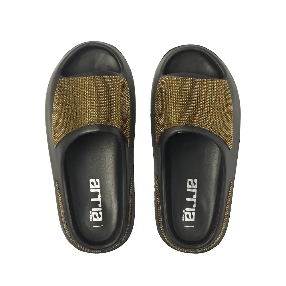 Arria Rhinestone Glitter Cloud Slippers – Open Toe Slides for Women & Men - XL / Black official pack