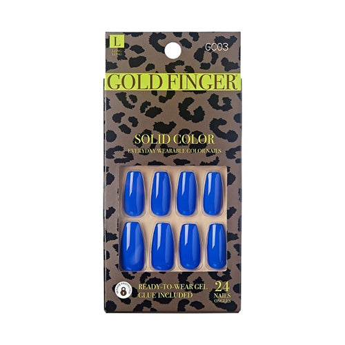 GC03_main "A single artificial nail painted in a vibrant, glossy blue color. The nail has a smooth, shiny surface with a slight reflection, indicating a high-gloss finish. The shape of the nail is slightly curved and tapers towards the tip, giving it a sl