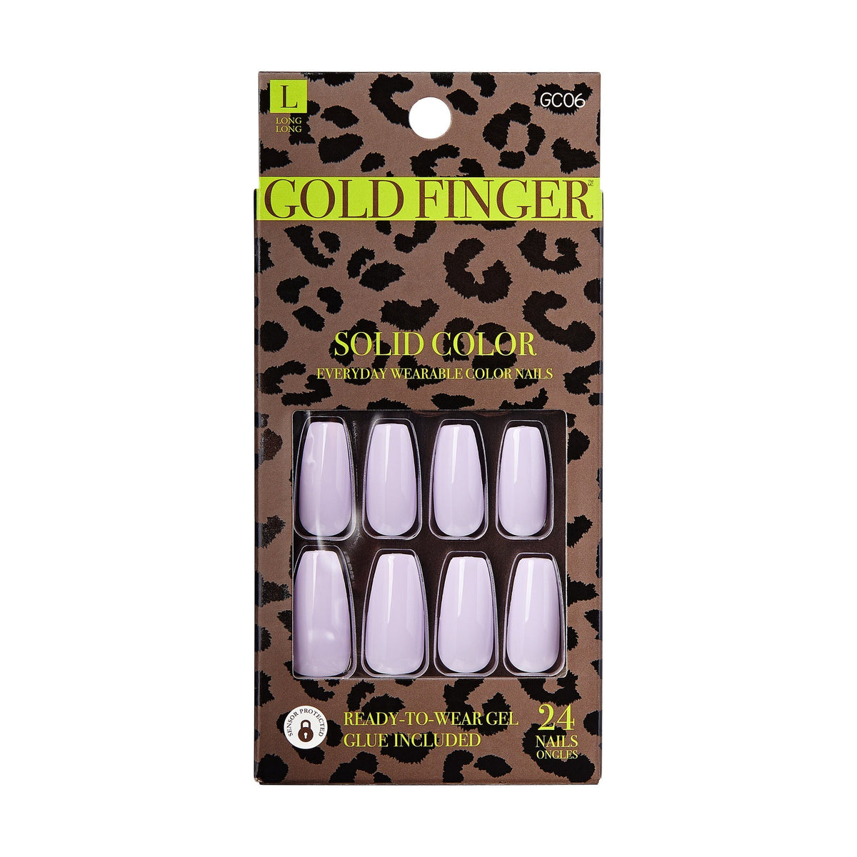 GC06_main "A package of "Gold Finger" brand artificial nails. The packaging features a leopard print design with a black and gold color scheme. The product is labeled as "Solid Color" and is described as "Everyday Wearable Color Nails." The package contai