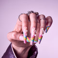 Gold Finger Glitzy 3D Handmade Press-On Nails – Rainbow Sugar Glitter French (3X-Long Coffin) - GF Handmade Nails - Flamboyant official pack