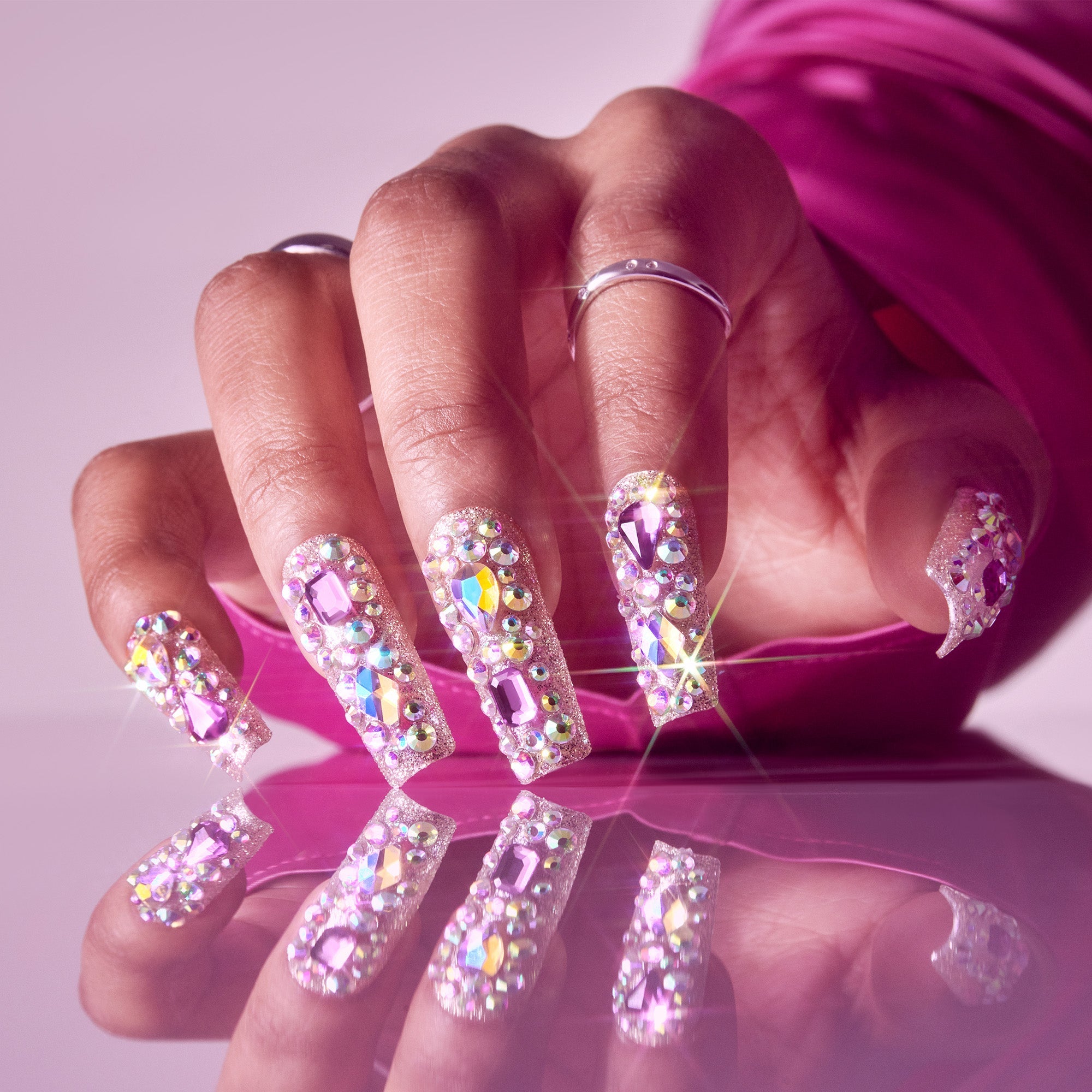 Gold Finger Glitzy 3D Handmade Press-On Nails – Pink & Purple Jewel Encrusted (X-Long Square) - GF Handmade Nails - Beauteous official pack