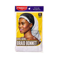 HBR02_main "A product package for a "2 in 1 Satin Braid Bonnet." The packaging features a picture of a woman wearing the bonnet, which is black with a white trim. The brand name "RED by Kiss" is displayed at the top left corner in a red box. The text "Naturally Beautiful You" is written at the top right corner."