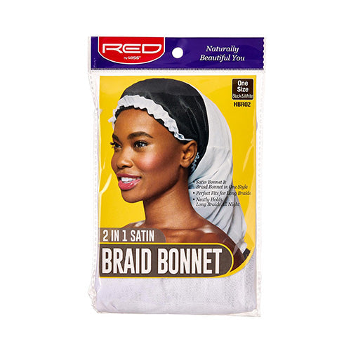 HBR02_main "A product package for a "2 in 1 Satin Braid Bonnet." The packaging features a picture of a woman wearing the bonnet, which is black with a white trim. The brand name "RED by Kiss" is displayed at the top left corner in a red box. The text "Naturally Beautiful You" is written at the top right corner."