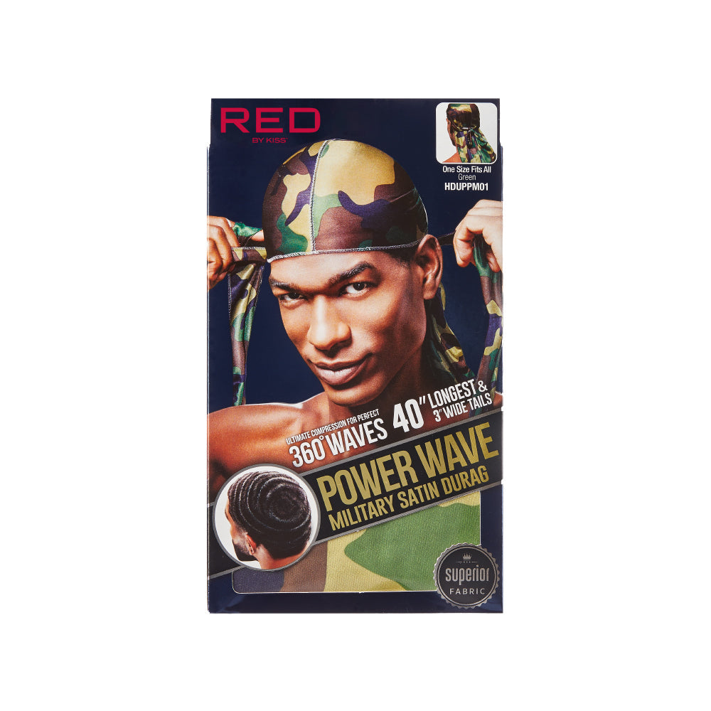 HD21_main "A packaging design for a product called "Power Wave" by RED by KISS. The packaging showcases a man wearing a camouflage satin durag, emphasizing its stylish design. The durag is designed for achieving 360-degree waves and is noted for its longe