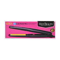 HFI050_main "The packaging of a hair styling product, specifically a flat iron. The packaging is predominantly pink with black and yellow accents. The brand name "Hot Beauty Professional" is prominently displayed in the top right corner."