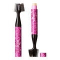 HH106_main "A dual-ended beauty tool. One end features a stick of product, possibly a brow or lash product, with a cap removed to reveal the product. The body of the tool has a pink and white marbled design with the word "BROW" printed on it. The other end of the tool has a black brush and comb combination, likely for grooming eyebrows or lashes. The cap for the product end is placed beside the tool."