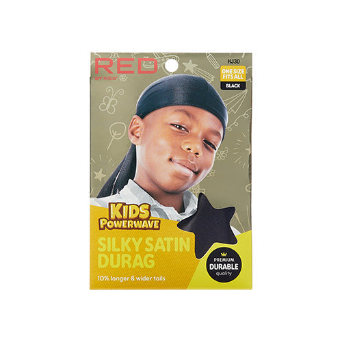 HJ30_main "The image is of a product packaging for a "Kids Powerwave Silky Satin Durag." The packaging features a young child wearing a black durag. The background of the packaging is light green with various star and swirl designs. The top of the packagi