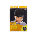 HJ33_main "The packaging of a "Kids Powerwave Velvet Durag" by the brand RED by Kiss. The packaging is predominantly yellow with black and white text. The product is described as being made from "Premium Velvet fabric" and is labeled as "BLACK" in color. The packaging also mentions that the durag is "10% longer & wider tails" and is "One Size Fits All." The front of the packaging features a picture of a child wearing the black velvet durag."