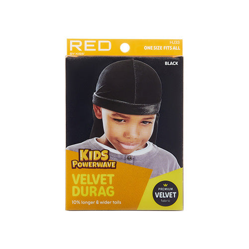 HJ33_main "The packaging of a "Kids Powerwave Velvet Durag" by the brand RED by Kiss. The packaging is predominantly yellow with black and white text. The product is described as being made from "Premium Velvet fabric" and is labeled as "BLACK" in color. The packaging also mentions that the durag is "10% longer & wider tails" and is "One Size Fits All." The front of the packaging features a picture of a child wearing the black velvet durag."
