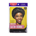 HSA04_main "A packaged product labeled "RED by KISS" at the top. The product is a "Wide Band Satin Bonnet" in black, with the model number #504. The packaging features a picture of a smiling woman wearing the satin bonnet. The bonnet is described as havin
