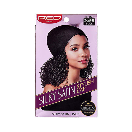 HSLAP01_main "The image is of a product packaging for a "Satin Lined Stylish Cap" by the brand "RED by Kiss." The cap is described as having an enhanced size and better fit, and it is specifically labeled as "X-Large" and "Black." The packaging highlights