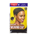 HWE03_main "A packaging for an adjustable weaving cap by the brand RED by KISS. The cap is black and designed to fit various head sizes, as indicated by the "one size" label. The packaging showcases a smiling woman wearing the cap, highlighting its use. The background is bright yellow, which contrasts with the black cap, and the product is described as being made from cool mesh fabric. The overall design is vibrant and eye-catching, aimed at attracting customers looking for hair accessories."
