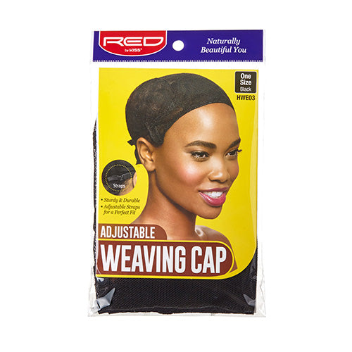 HWE03_main "A packaging for an adjustable weaving cap by the brand RED by KISS. The cap is black and designed to fit various head sizes, as indicated by the "one size" label. The packaging showcases a smiling woman wearing the cap, highlighting its use. T